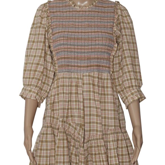 Doen Leda Dress Austin Plaid Printed Smocked Ruffle Mini New S - Picture 2 of 6
